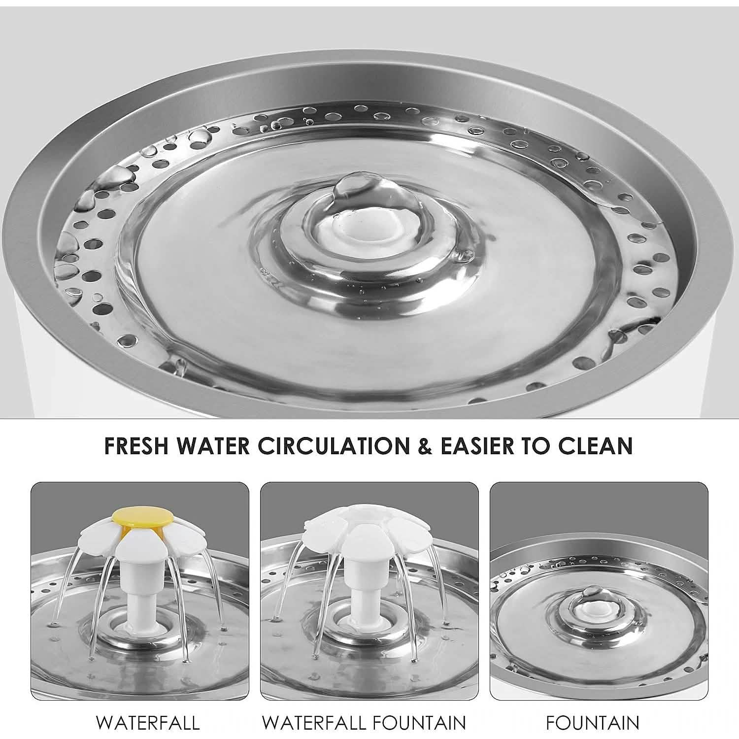 Vessel Tech Aqua Flow pet water fountain showing waterfall feature and cleaning components, top view.