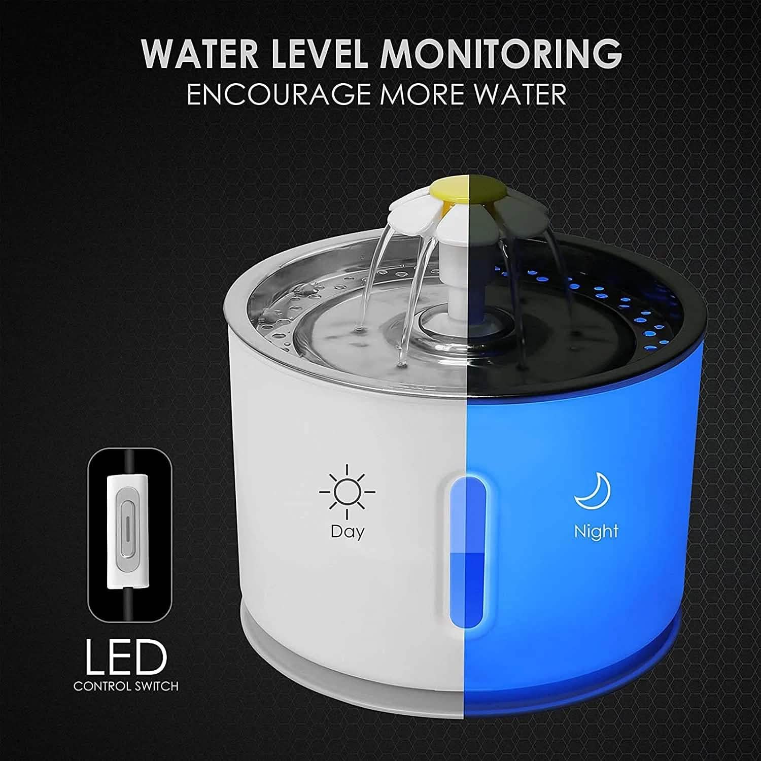 Vessel Tech Aqua Flow pet water fountain with LED water level indicator, side view.