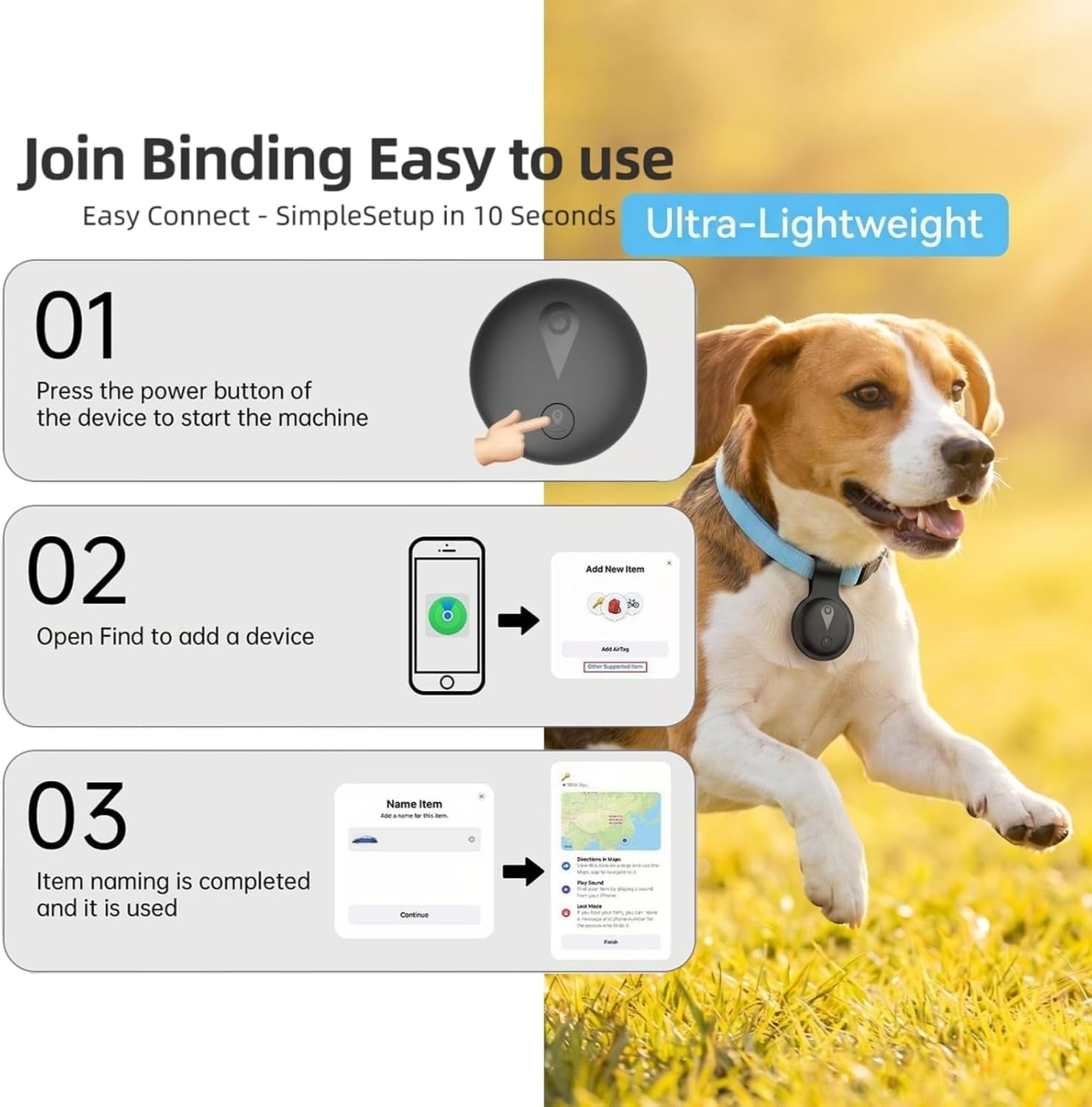Vessel Tech GPS pet tracker with instructions for easy setup and binding