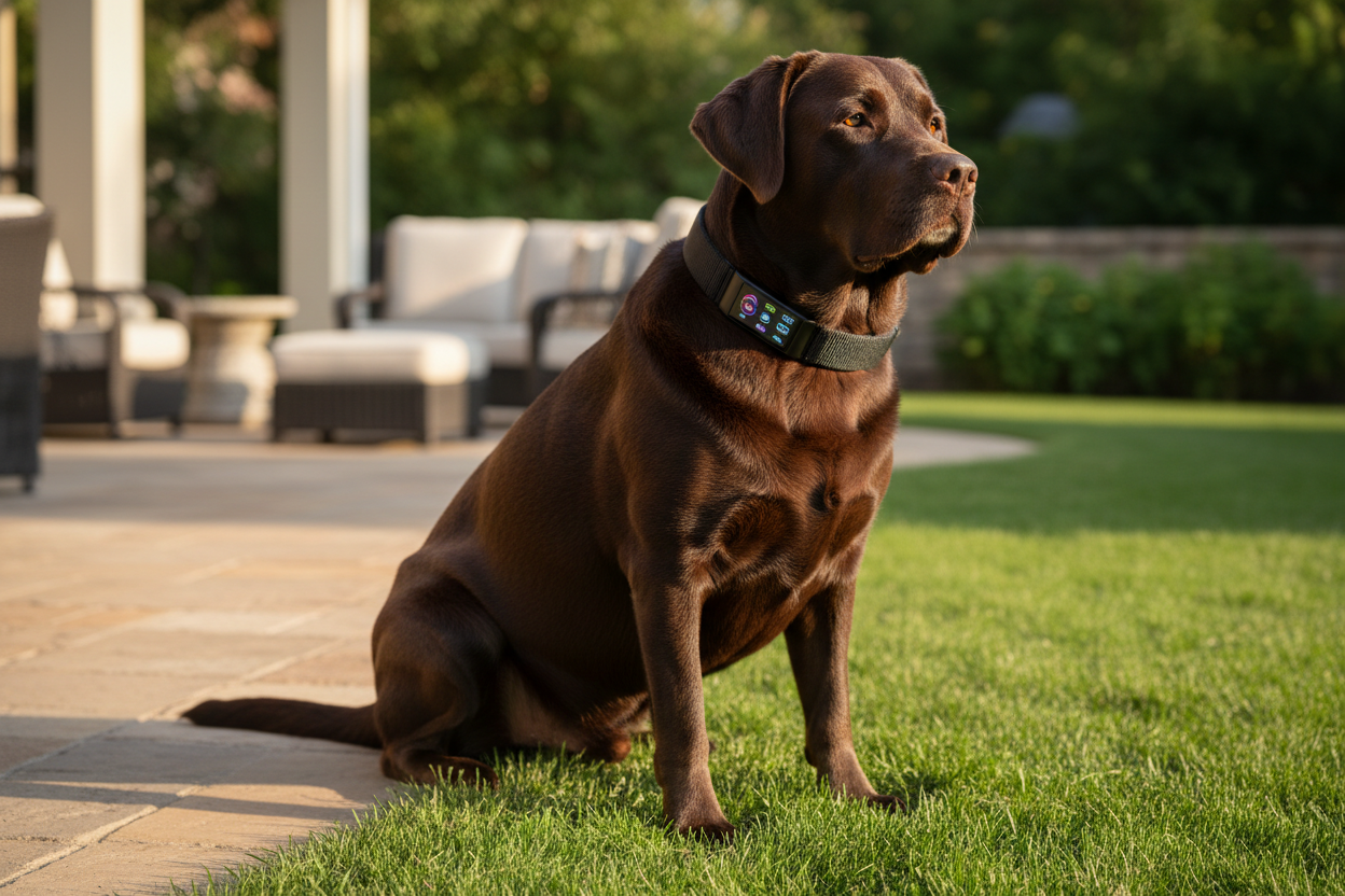 Vessel Tech Bark Training Collar in black on a brown labrador sitting on grass