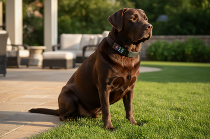 Vessel Tech Bark Training Collar in black on a brown labrador sitting on grass