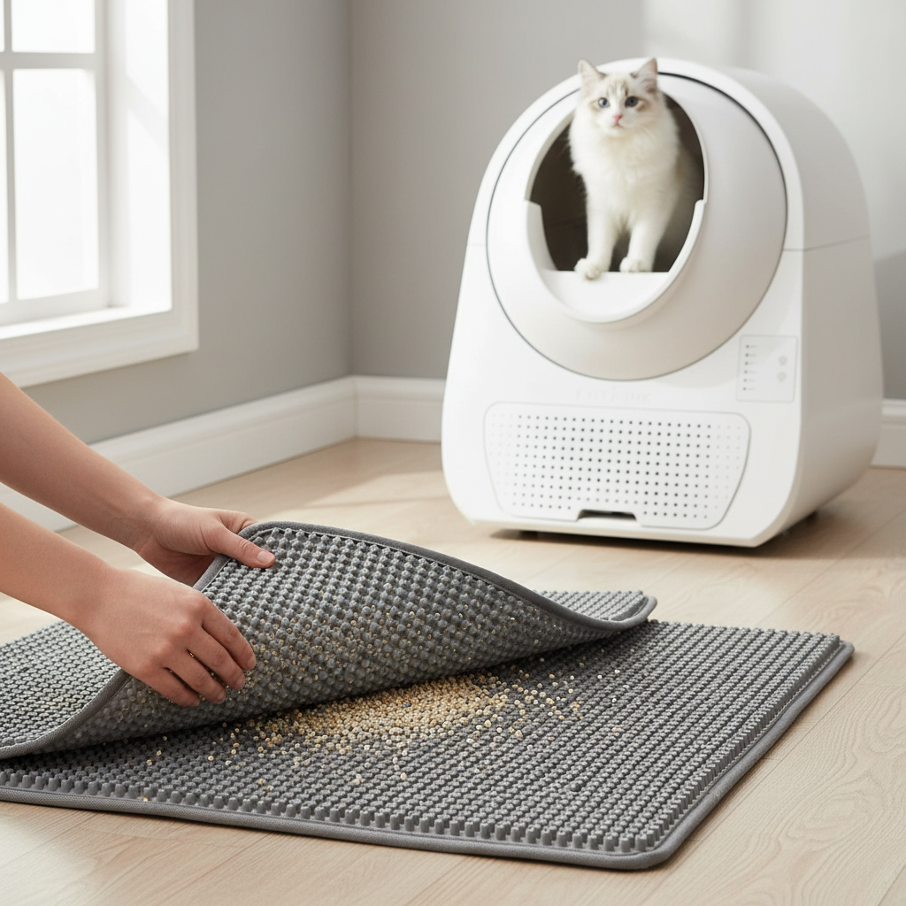 Vessel Tech double-layer honeycomb design cat litter mat in gray, being lifted to show litter.