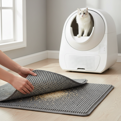 Vessel Tech double-layer honeycomb design cat litter mat in gray, being lifted to show litter.