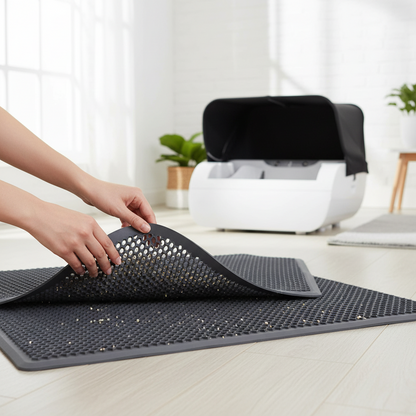 Vessel Tech honeycomb design cat litter mat in gray, being lifted to show flexibility