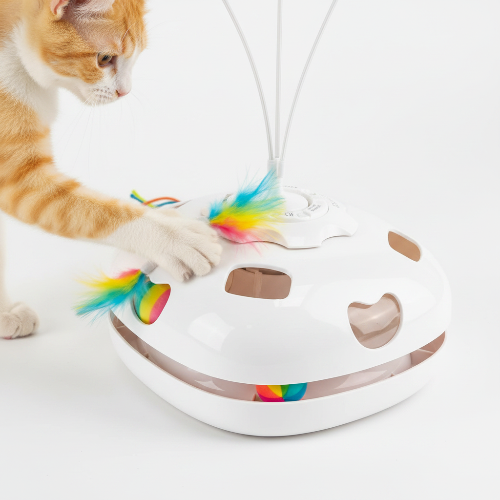 Vessel Tech 5-in-1 Smart Cat Enrichment Station showing colorful feathers and a cat's paw, close-up view