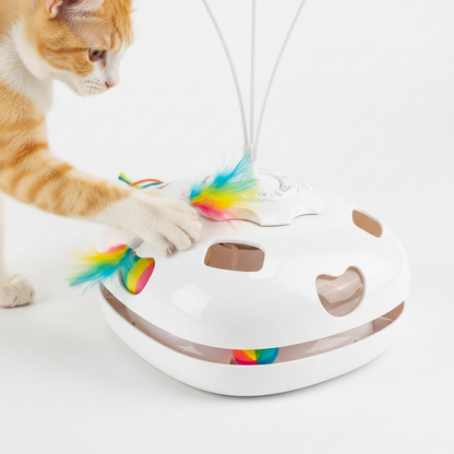 Vessel Tech 5-in-1 Smart Cat Enrichment Station showing colorful feathers and a cat's paw, close-up view