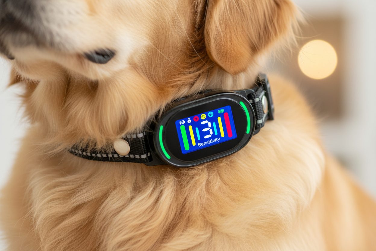 Vessel Tech PetJoy smart bark collar close-up on a dog's neck, showing sensitivity display