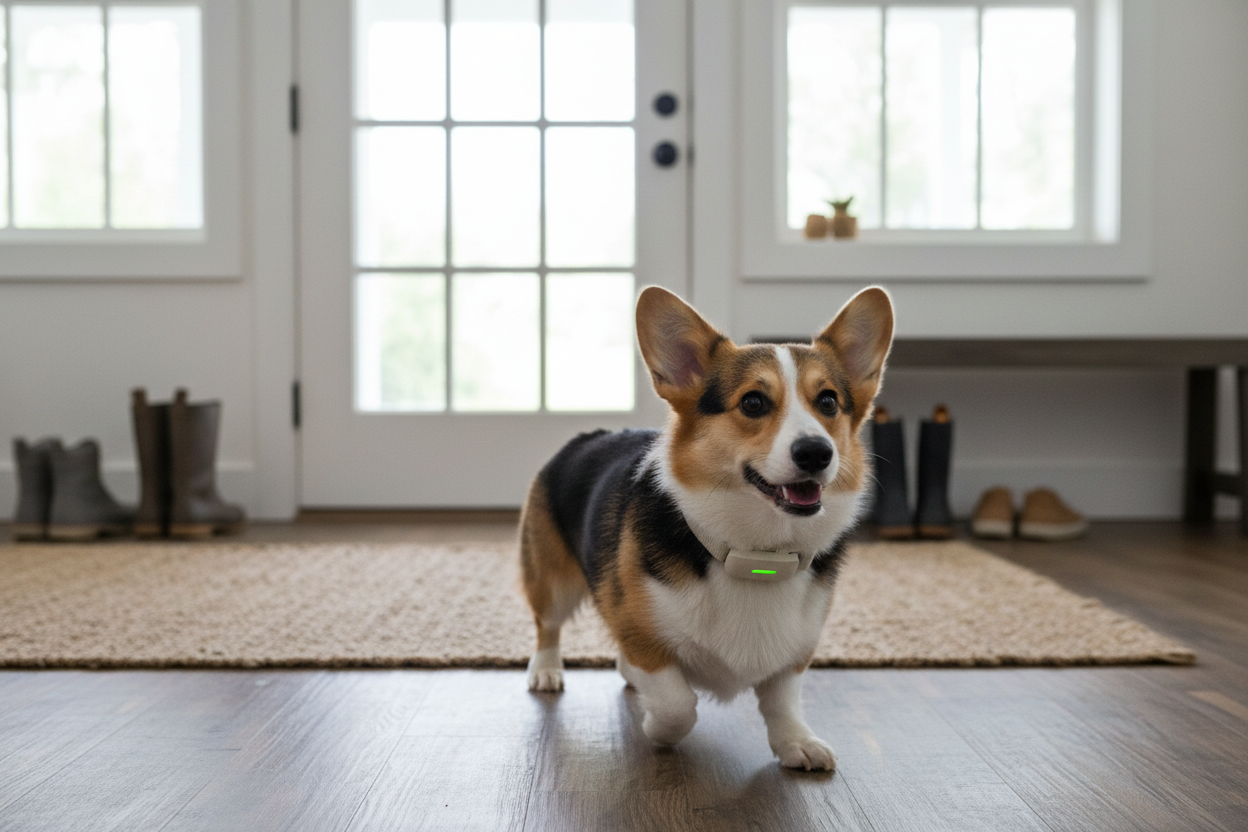 Vessel Tech Smart Pet Collar worn by a corgi, standing indoors near a door.