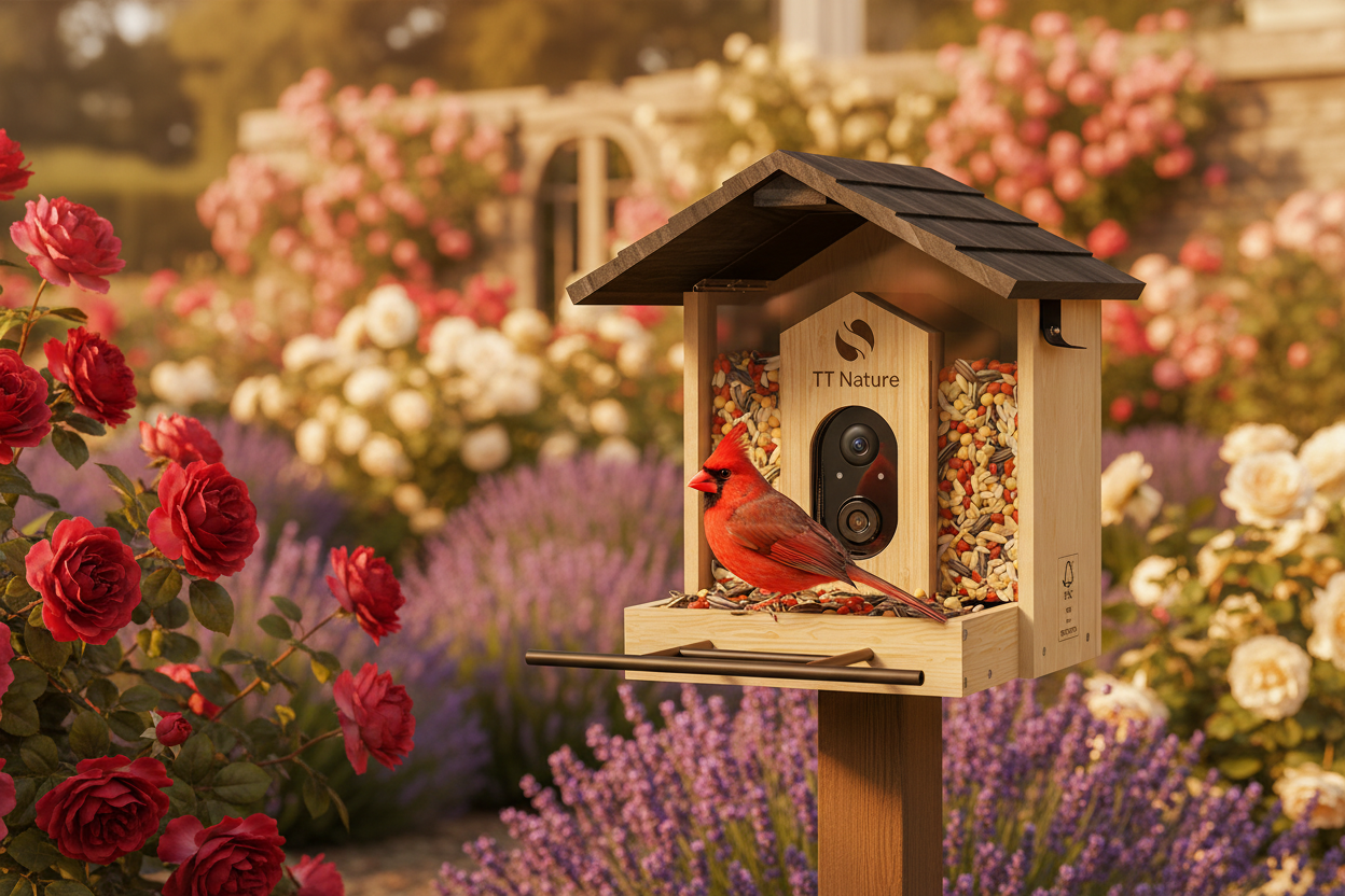 Cardinal at Netvue Birdfy™ AI Wood Bird Feeder in cottage garden