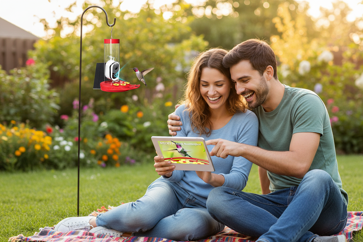 Couple watching hummingbird footage together on tablet — SkyWatch Hummingbird Pro™