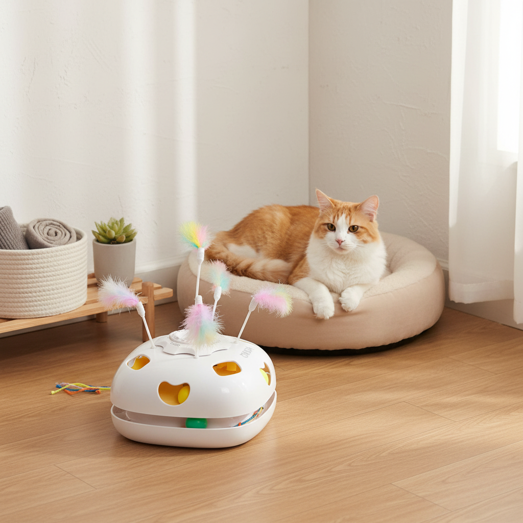 Vessel Tech 5-in-1 Smart Cat Enrichment Station beside a resting cat, side view, on wooden floor.