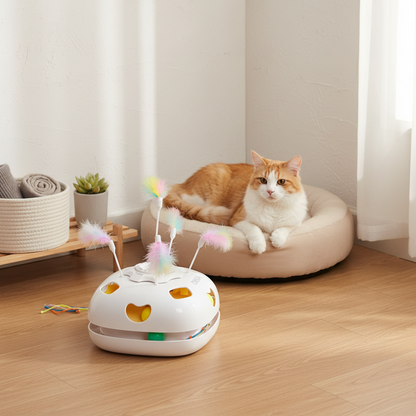 Vessel Tech 5-in-1 Smart Cat Enrichment Station beside a resting cat, side view, on wooden floor.
