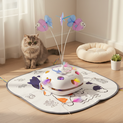 Vessel Tech 5-in-1 Smart Cat Enrichment Station with colorful toys on a play mat, featuring a cat nearby.
