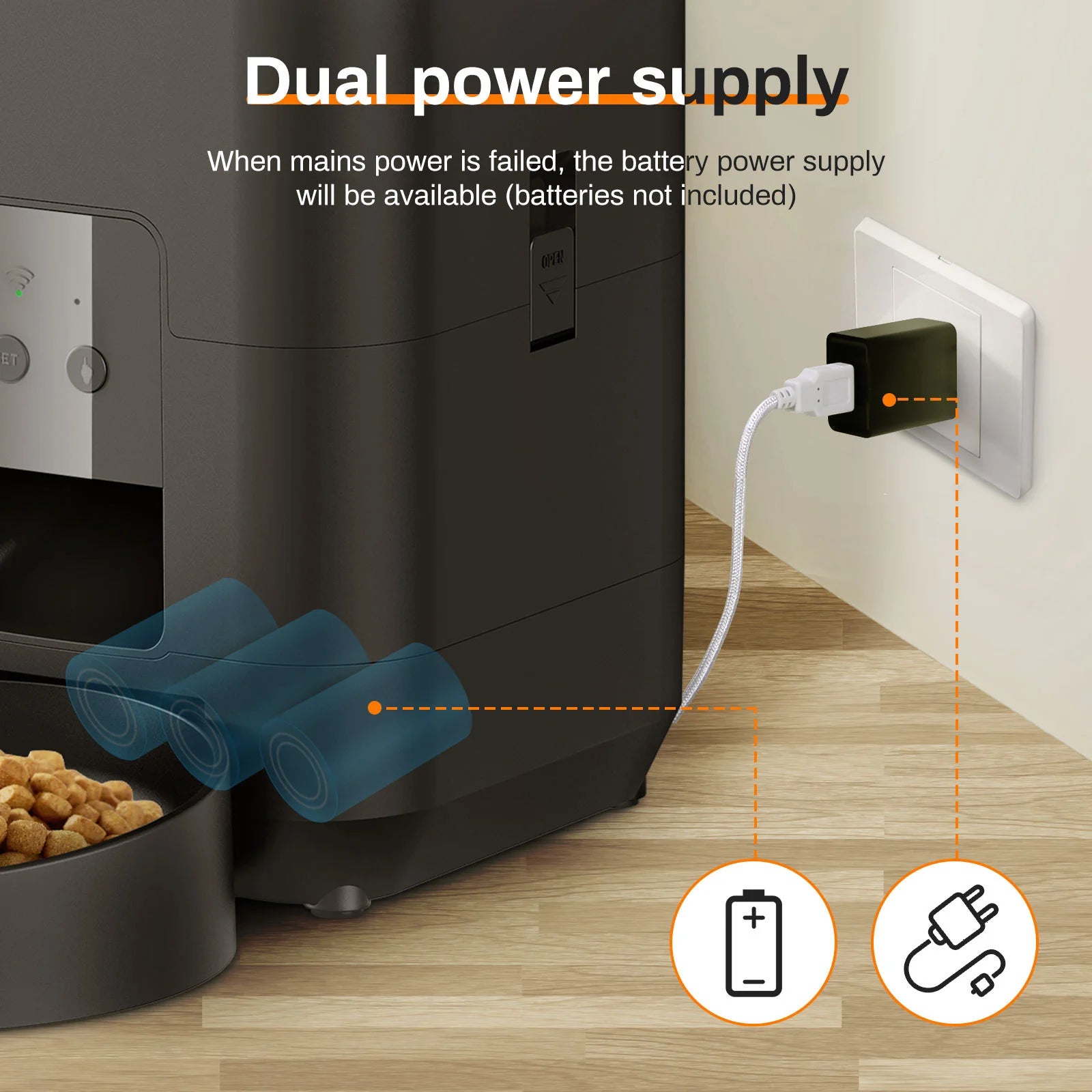 Vessel Tech HEYBO Smart Pet Feeder showing dual power supply with battery and plug connection.