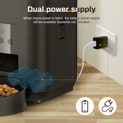 Vessel Tech HEYBO Smart Pet Feeder showing dual power supply with battery and plug connection.