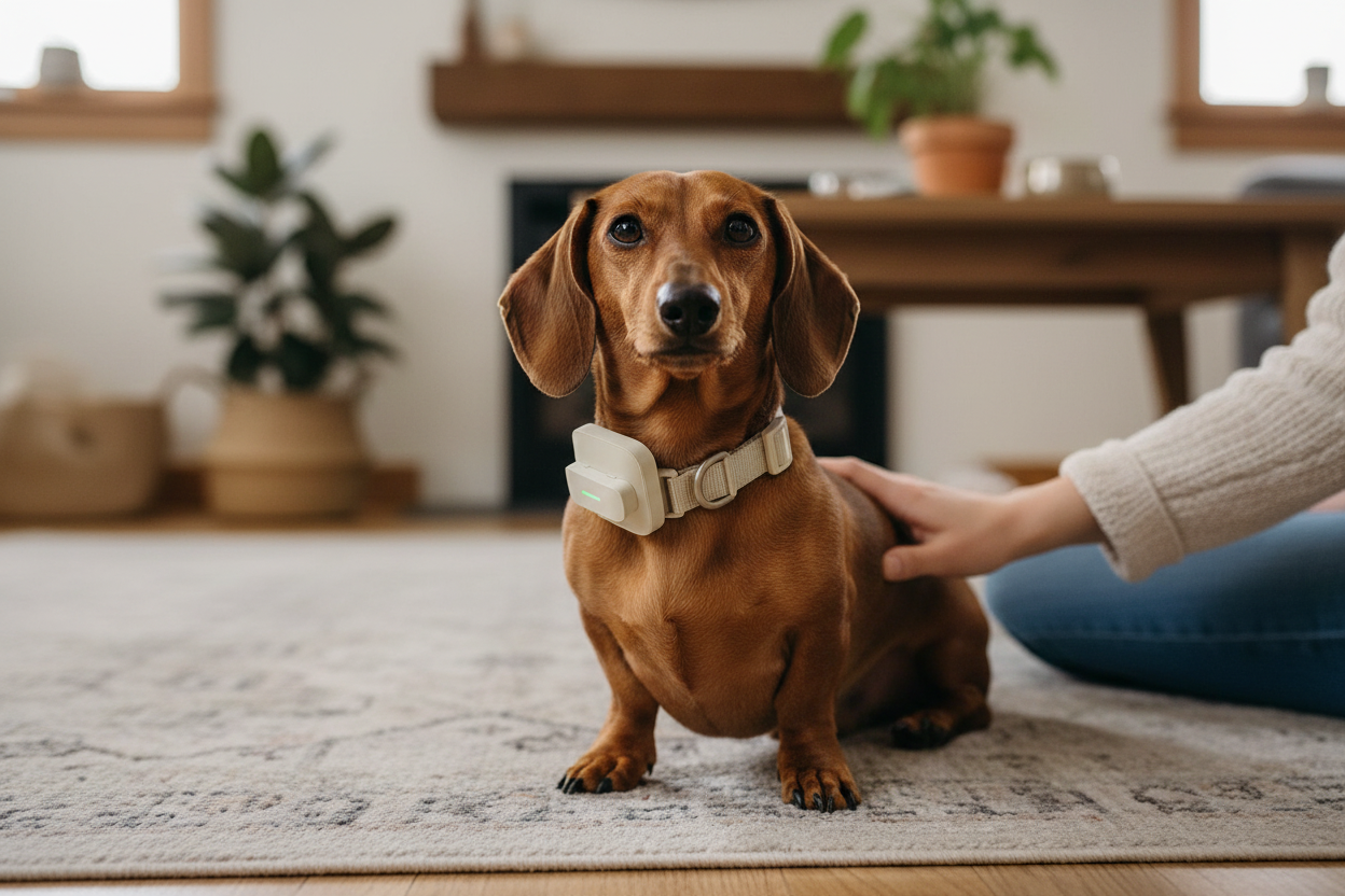 Vessel Tech Smart GPS & Health Collar on a brown dog sitting on a rug