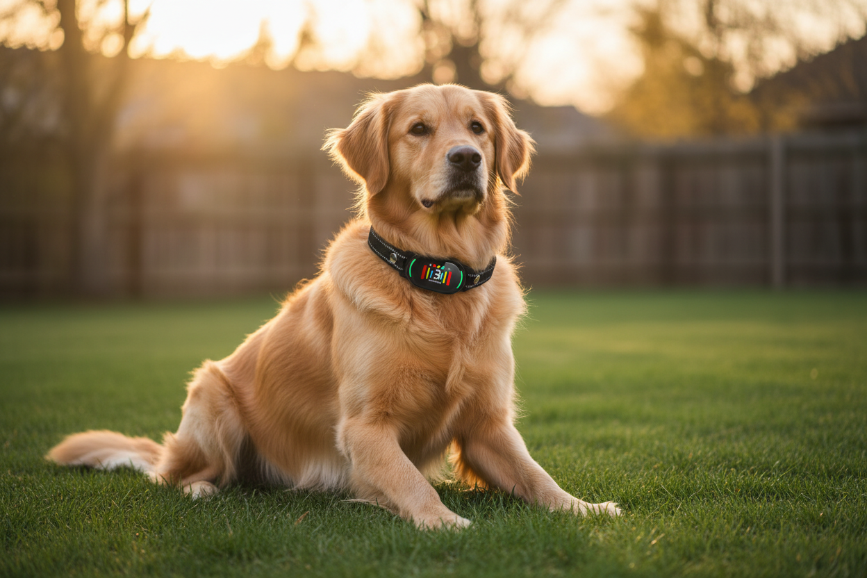 Vessel Tech PetJoy Smart Bark Collar on a golden retriever in a grassy field during sunset