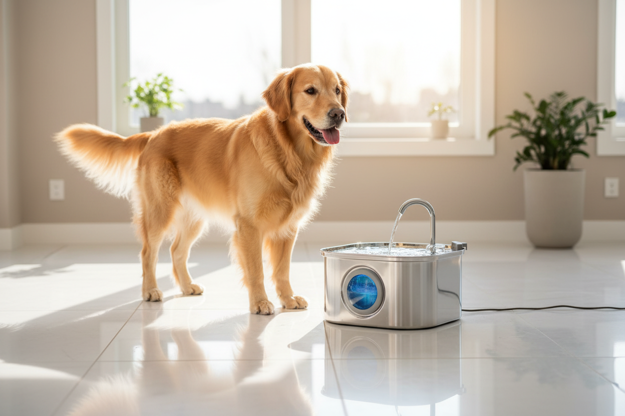 Vessel Tech Aqua Flow Pro smart water fountain in stainless steel with dog standing nearby