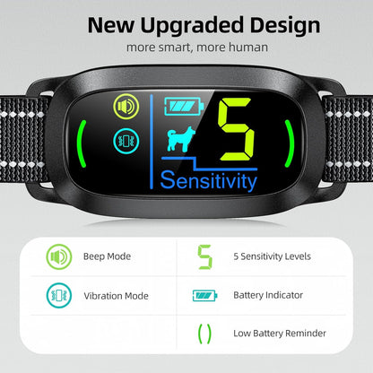 Vessel Tech Bark Training Collar showing sensitivity levels and icons, close-up detail