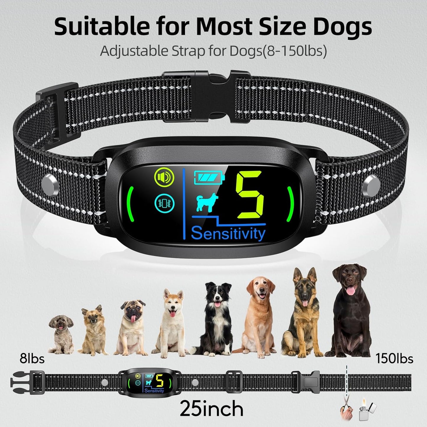 Vessel Tech bark training collar with adjustable strap, black nylon, front view