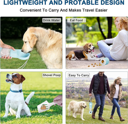 Ultimate 4-in-1 Portable Dog Water Bottle - Leakproof Travel Dispenser with Feeder, Waste Bag, and Poop Shovel for Pets on the Go - Perfect for Hiking and Walking in Blue