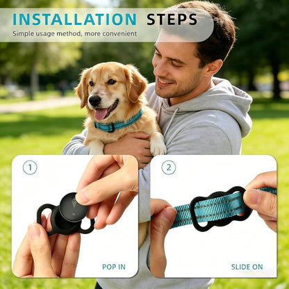 Vessel Tech GPS pet tracker in black being attached to a dog's collar by a person in a park.