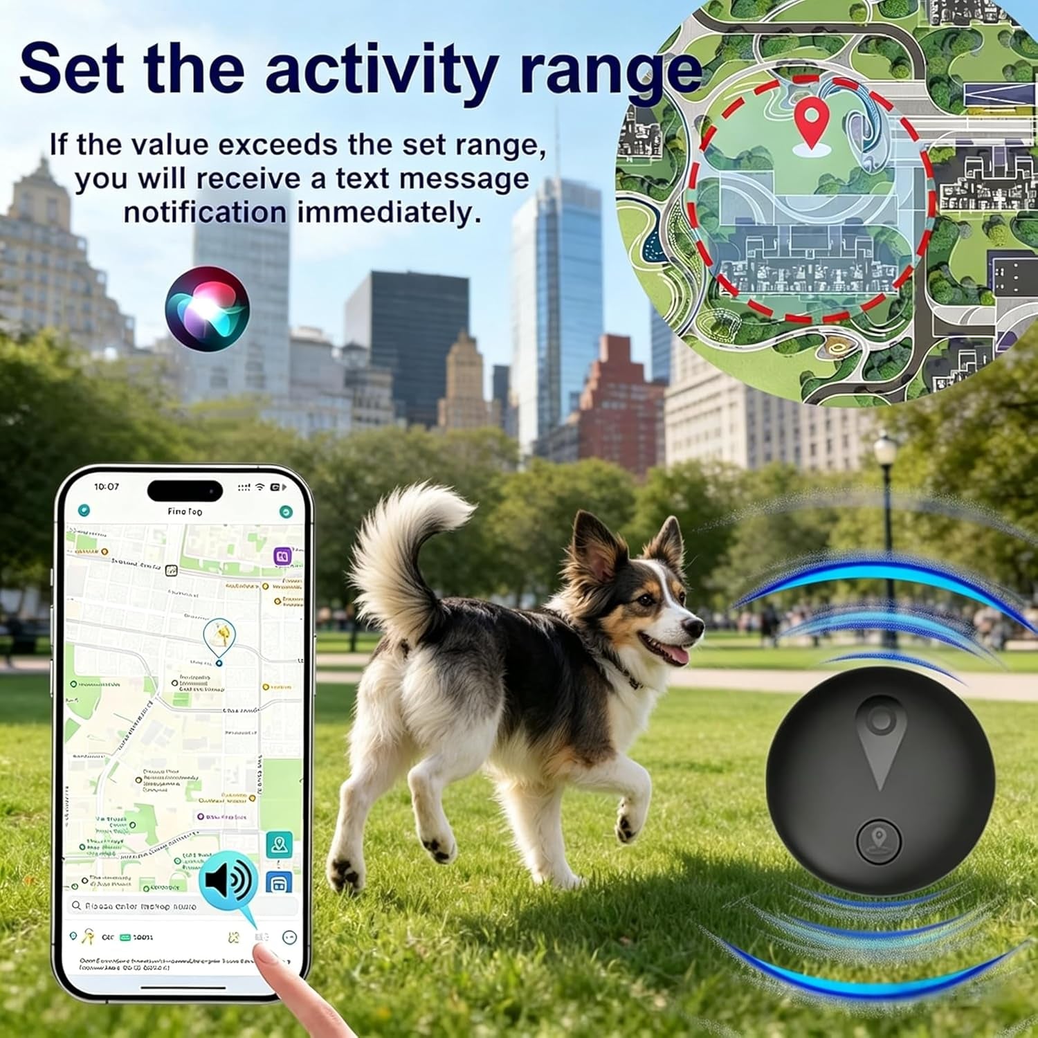 Vessel Tech GPS pet tracker in black with a dog running in a park and smartphone displaying activity range settings.