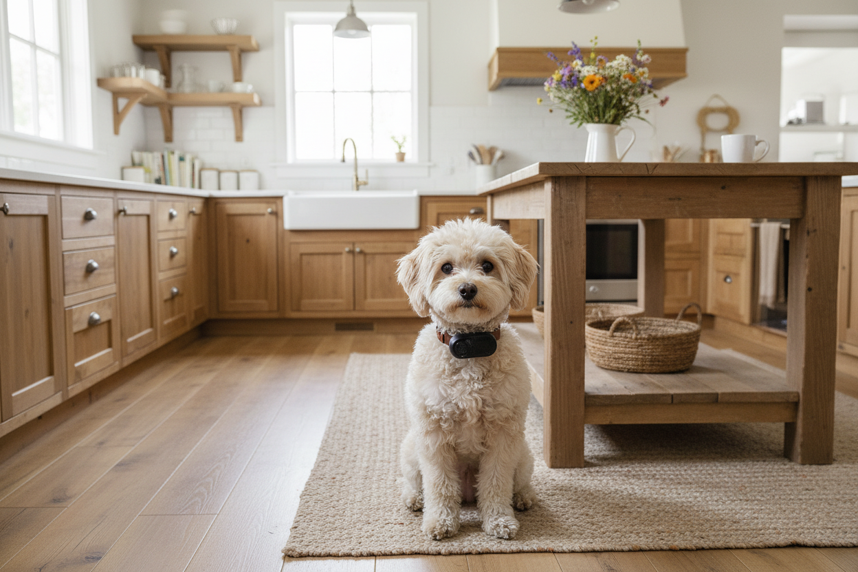 Vessel Tech Smart Pet Camera in black on a small dog sitting in a kitchen