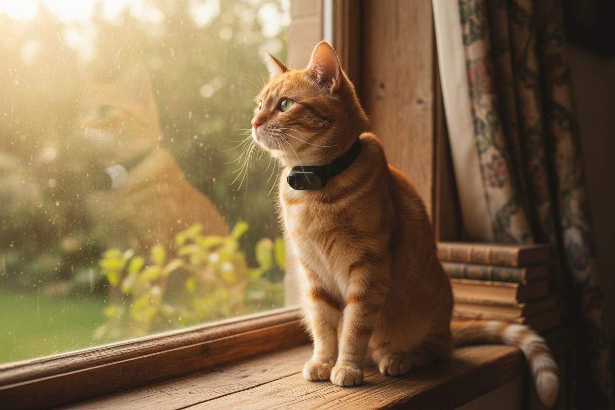 Vessel Tech Smart Pet Camera in white plastic, positioned near a window with a cat.