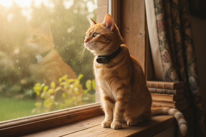 Vessel Tech Smart Pet Camera in white plastic, positioned near a window with a cat.