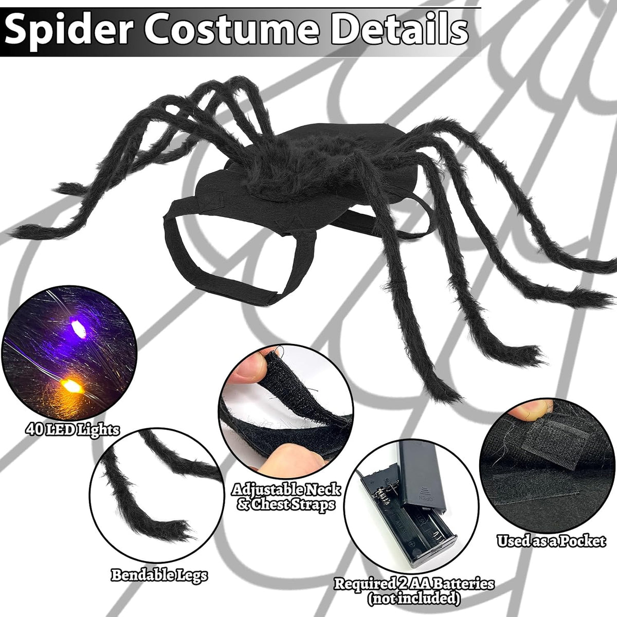 Dog wearing a light-up spider Halloween costume