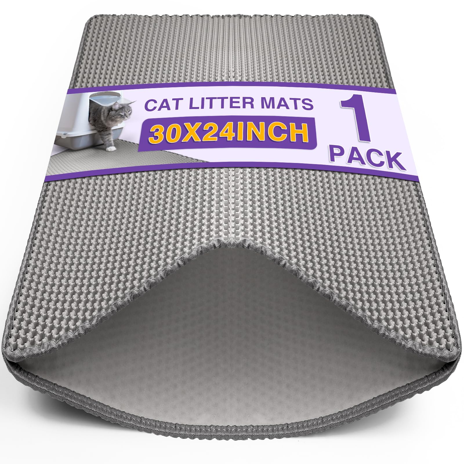 Vessel Tech double-layer honeycomb cat litter mat in gray, showing textured surface and packaging.