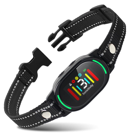 Vessel Tech PetJoy smart bark collar with vibration and shock features, side view