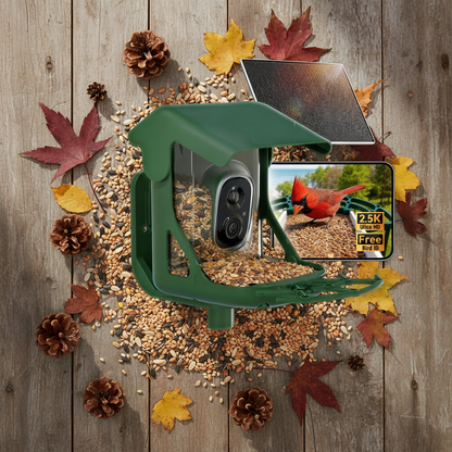 SkyWatch ProVision 2.5K™ Solar AI Bird Feeder — editorial flat lay product shot