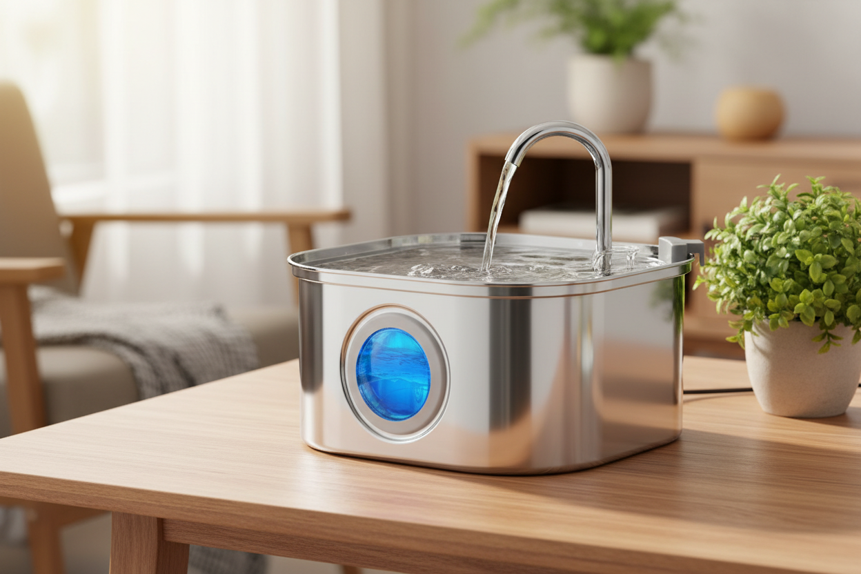 Vessel Tech Aqua Flow Pro stainless steel smart water fountain with blue light, front view
