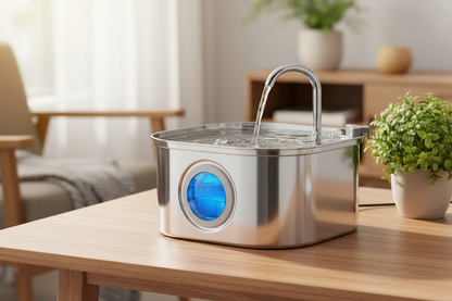 Vessel Tech Aqua Flow Pro stainless steel smart water fountain with blue light, front view
