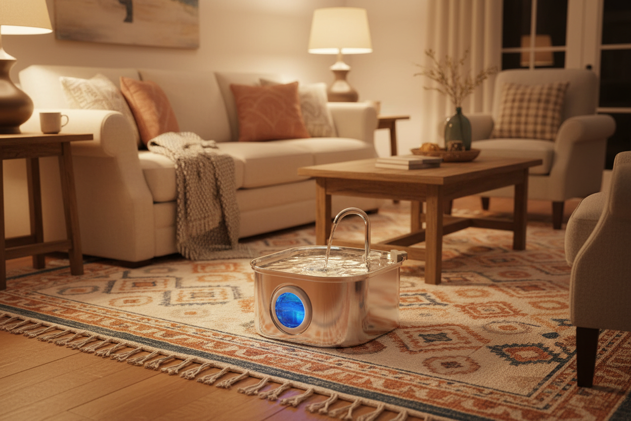 Vessel Tech Aqua Flow Pro smart water fountain in stainless steel on a living room rug