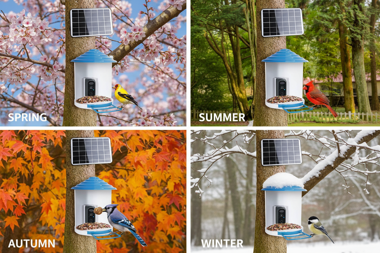 Vessel Tech Horizon™ Solar AI Bird Feeder performing reliably in all four seasons
