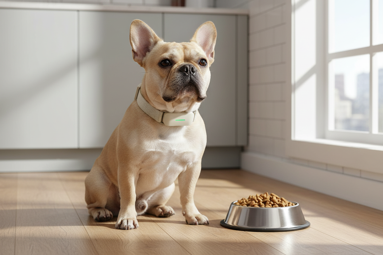 Vessel Tech smart pet collar on a French Bulldog in a home setting