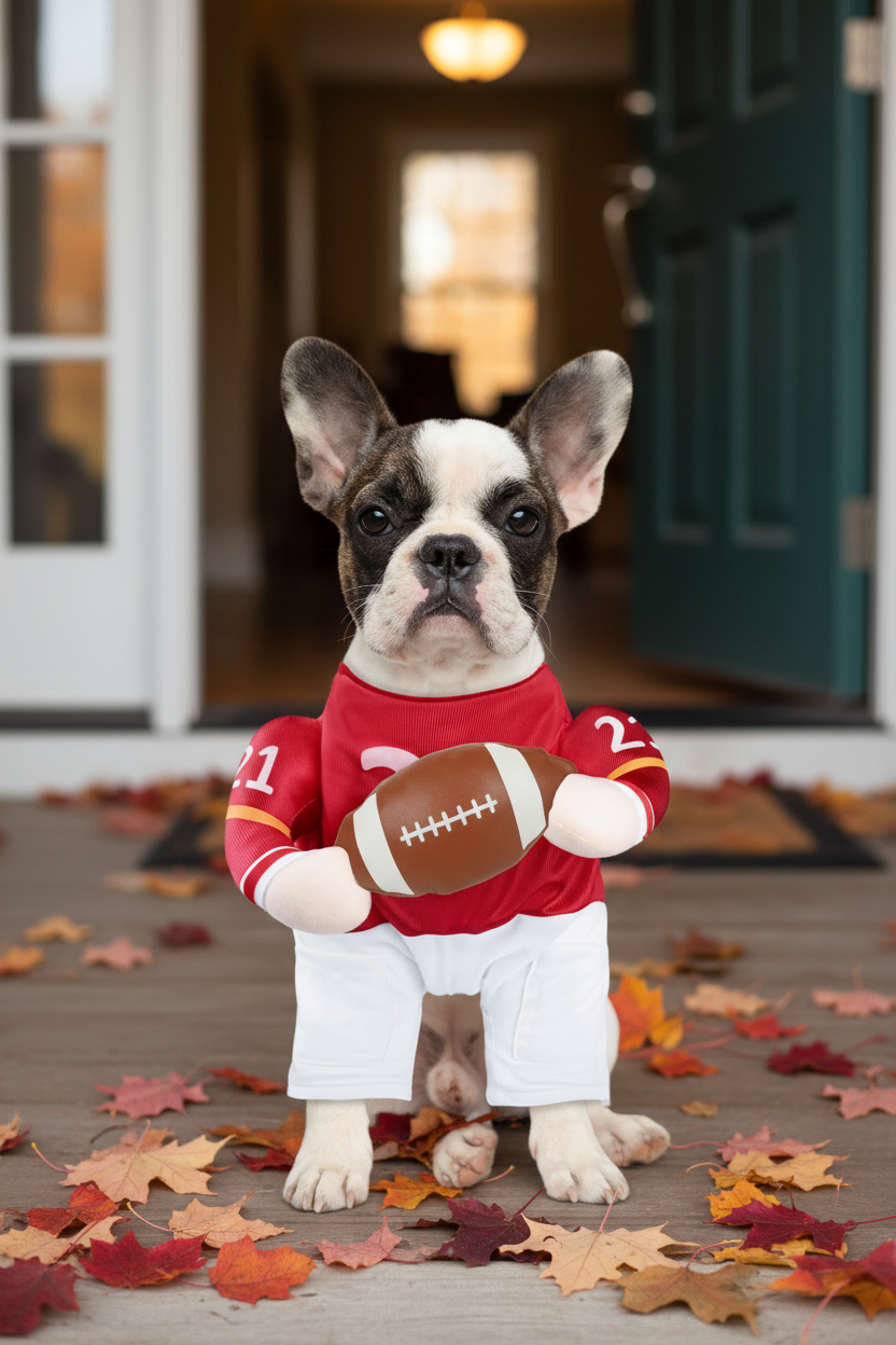 French bulldog in a football player dog costume standing at a front door with autumn pumpkins
