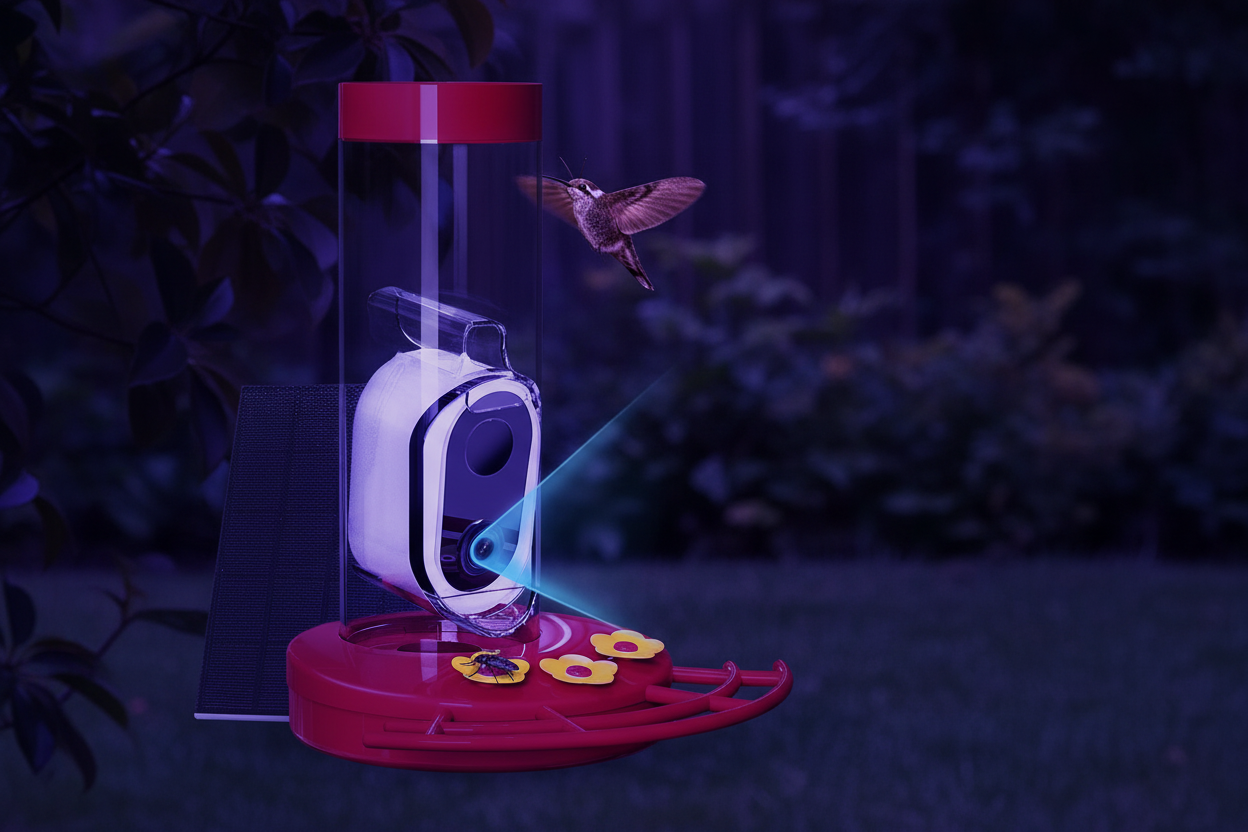SkyWatch Hummingbird Pro™ full color night vision — hummingbird captured after dark