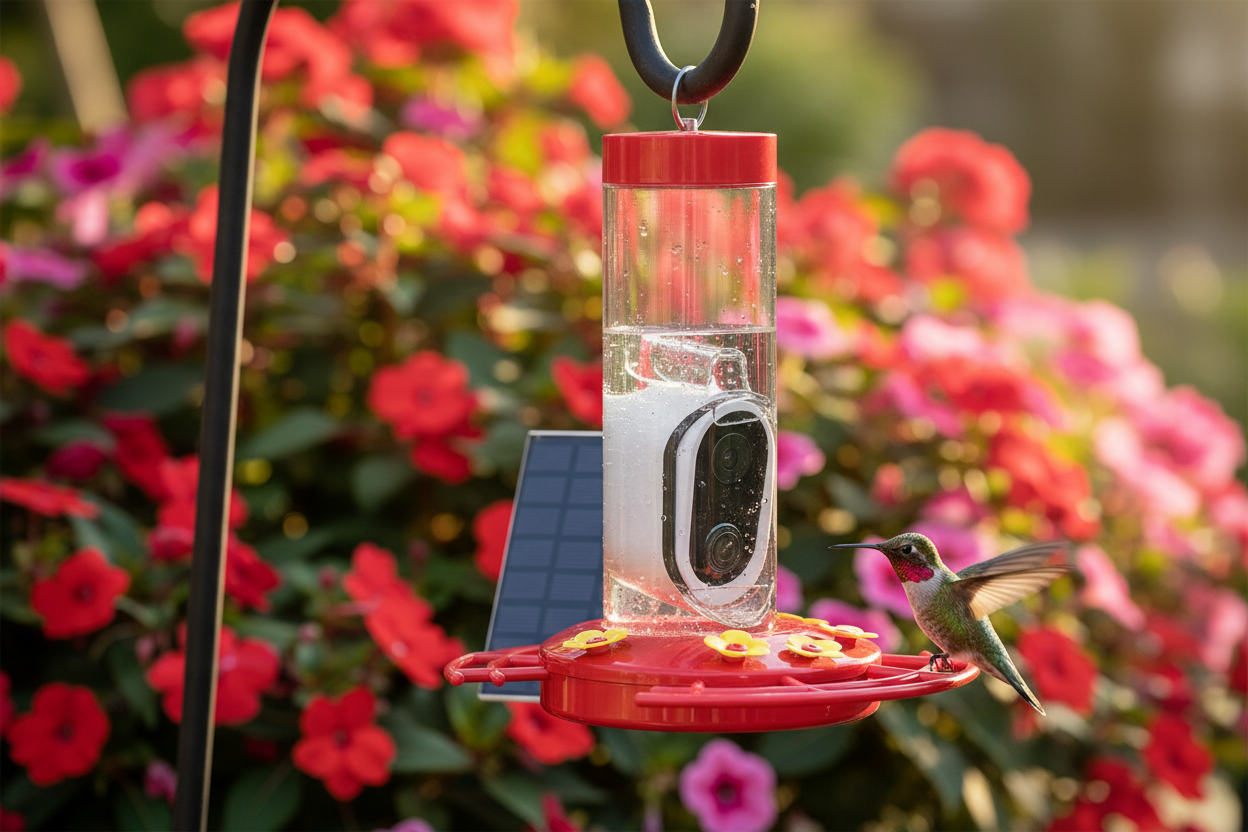 SkyWatch Hummingbird Pro™ Solar AI Camera Feeder in garden — lifestyle hero shot