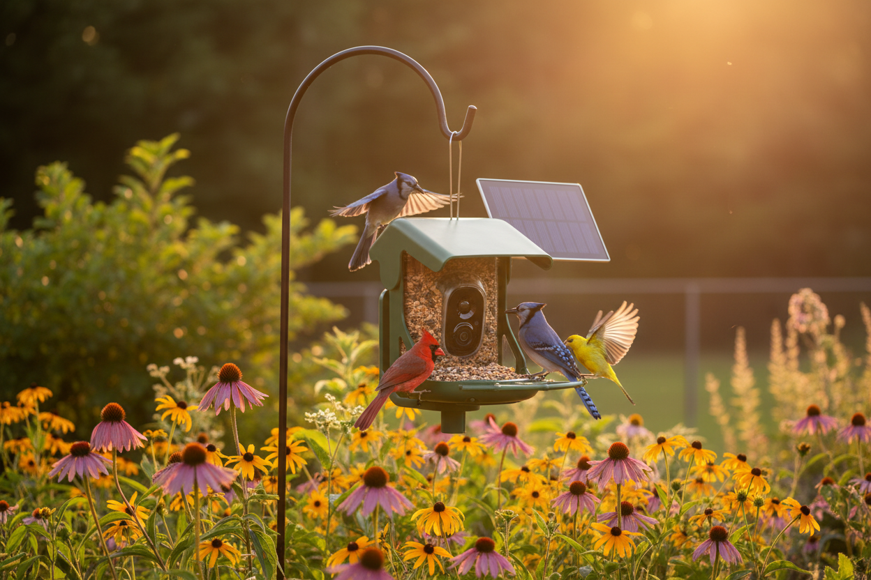SkyWatch ProVision 2.5K™ Solar AI Bird Feeder in golden hour garden — accurate product view