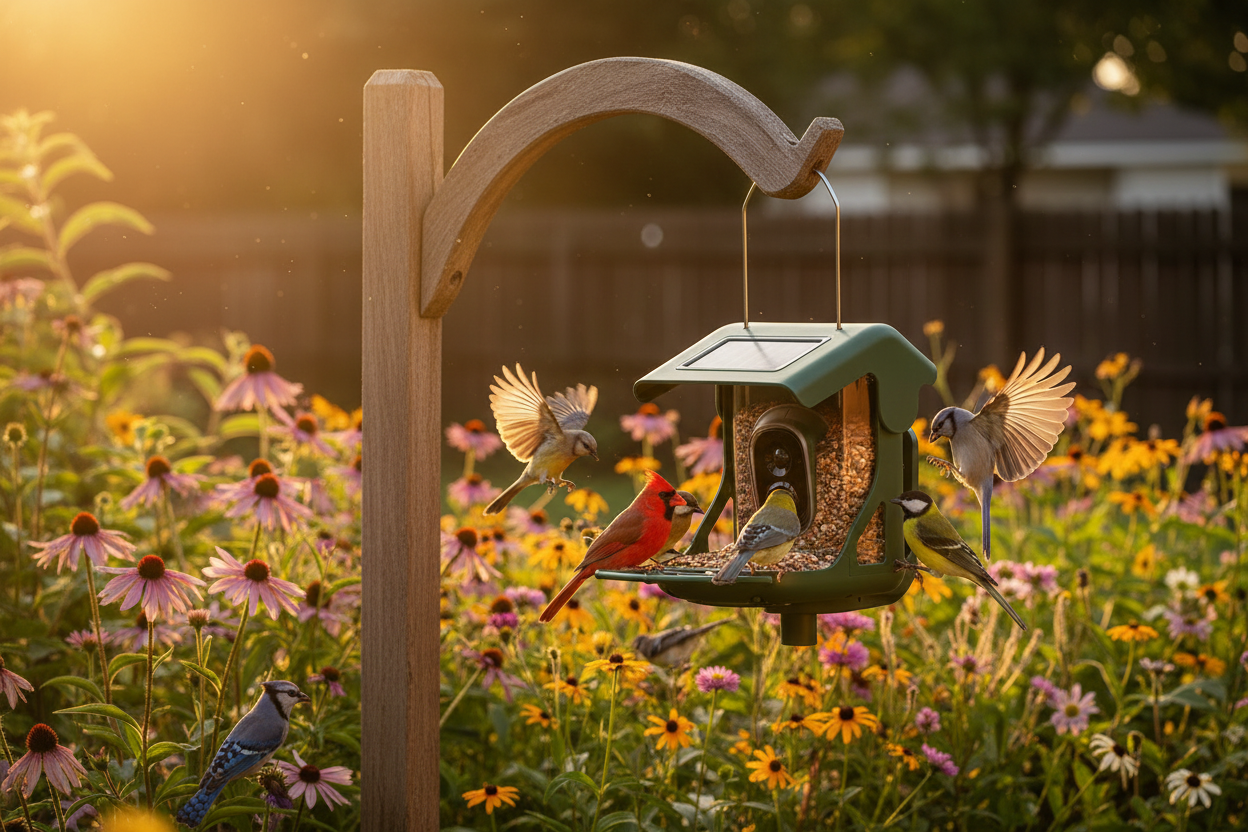 SkyWatch ProVision 2.5K™ Solar AI Bird Feeder in golden hour backyard garden