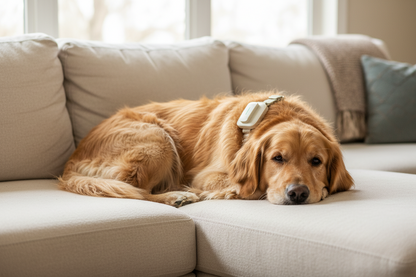 Vessel Tech Smart GPS & Health Collar on a golden retriever lying on a couch