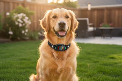 Vessel Tech PetJoy Smart Bark Collar on a Golden Retriever in a backyard