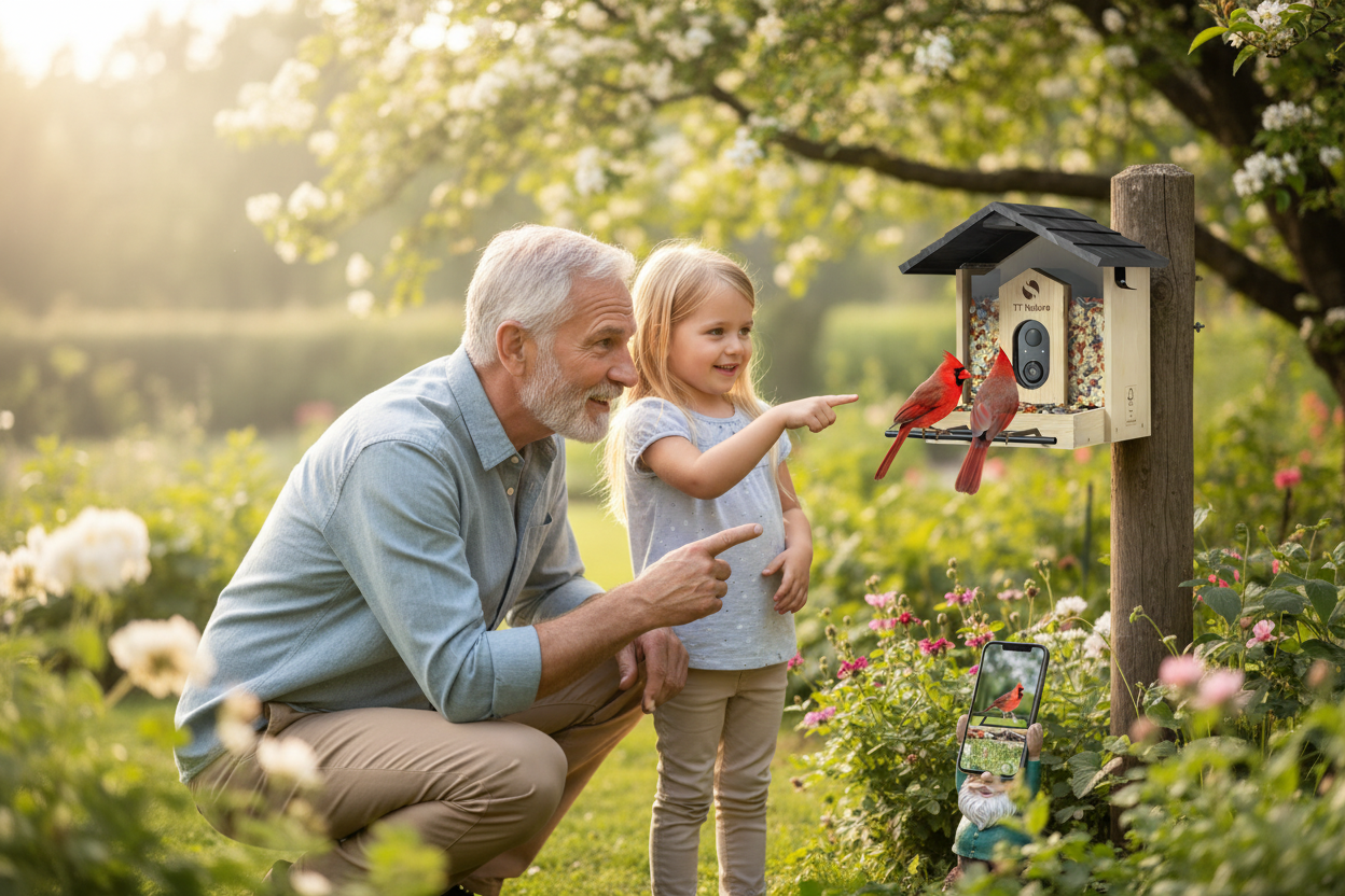 Grandfather and granddaughter sharing bird watching moment via Netvue Birdfy™ family app
