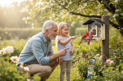 Grandfather and granddaughter sharing bird watching moment via Netvue Birdfy™ family app
