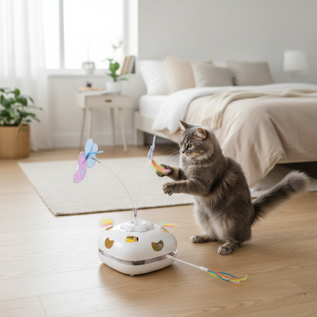 Vessel Tech 5-in-1 Smart Cat Enrichment Station with colorful attachments, active cat playing, front view.