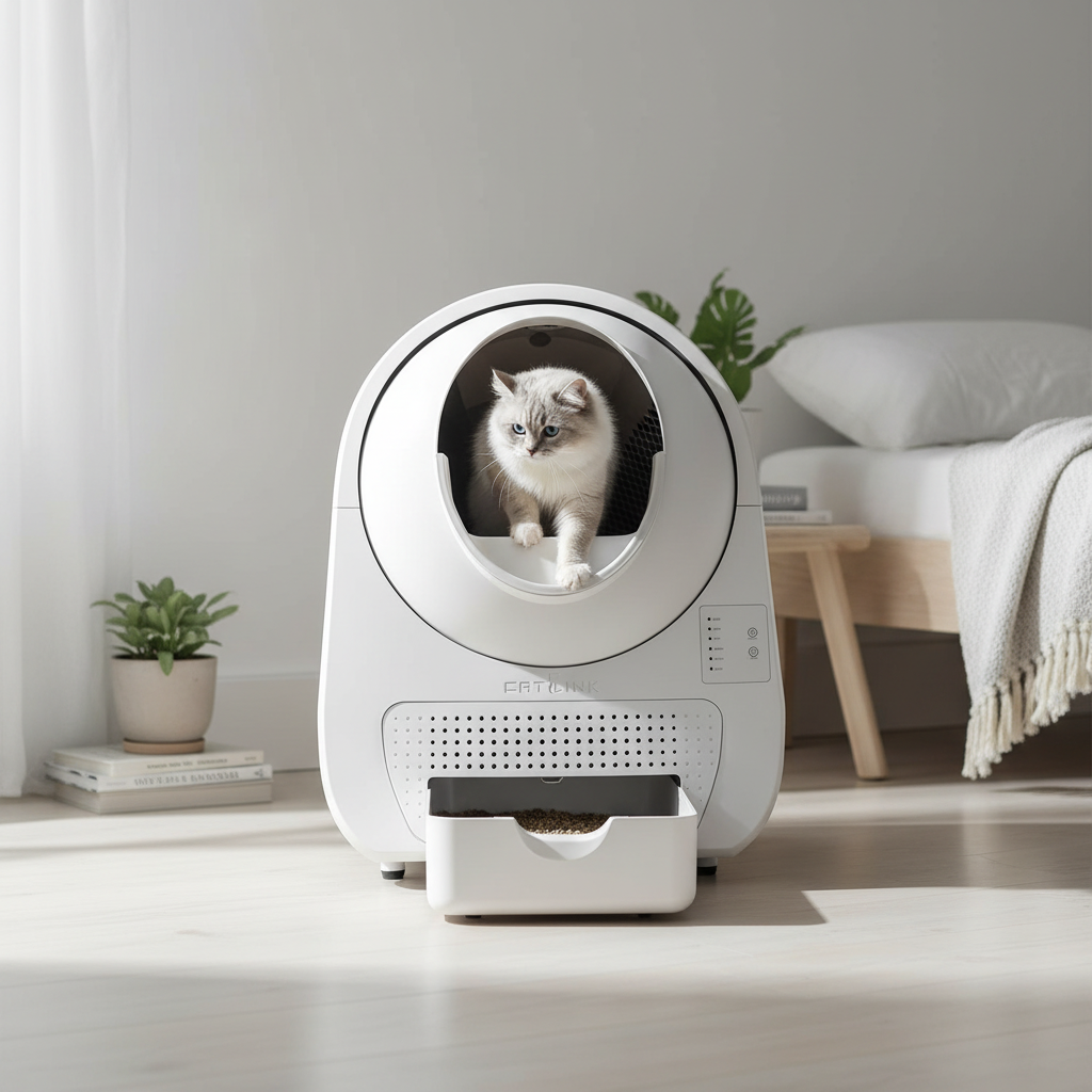Vessel Tech Throne Smart Self-Cleaning Litter Suite in Arctic White, side view with cat and drawer